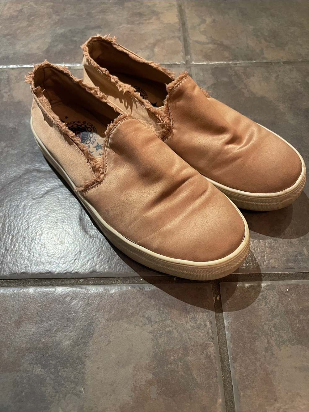 Rock & Candy Valerie Tan Frayed-Edge Slip-On Sneakers